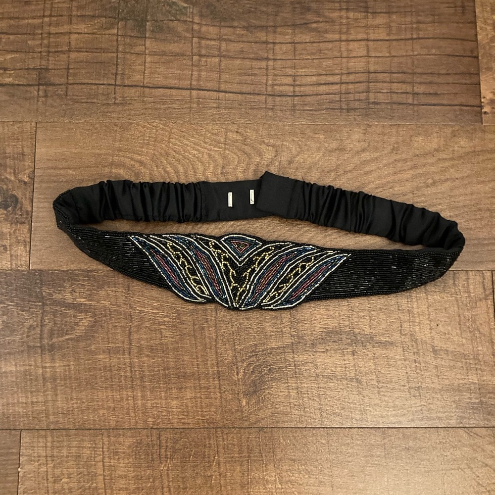 Vintage Magid Black Beaded Stretch Belt Art Deco 80s Glam Adjustable